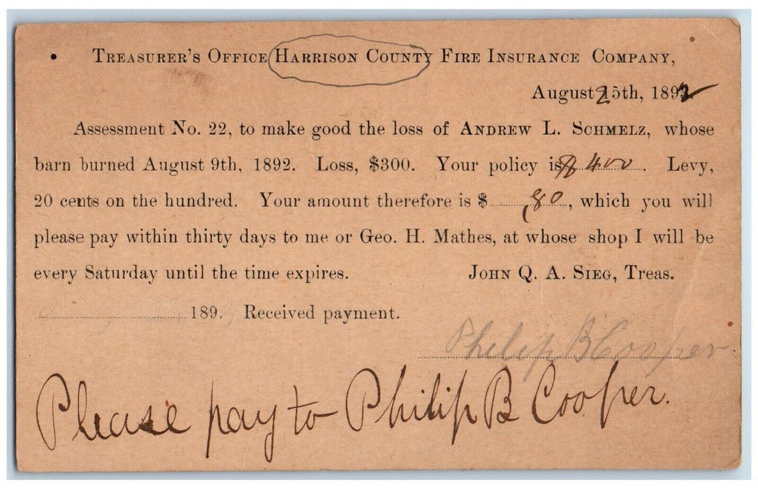 1892 Barn Fire Insurance Harrison County Corydon IN Advertising Posted Postcard