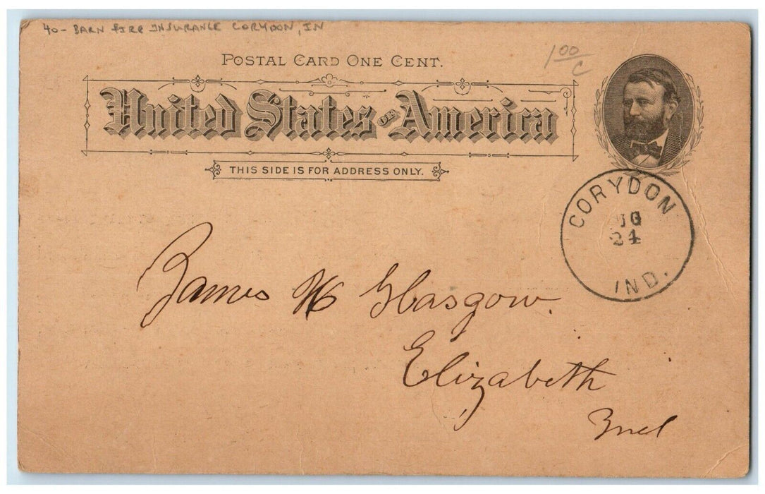 1892 Barn Fire Insurance Harrison County Corydon IN Advertising Posted Postcard