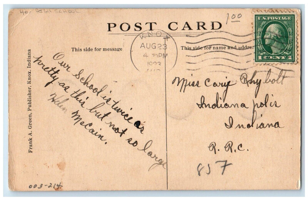 1923 High School Building Scene Street Knox Indiana IN Posted Vintage Postcard
