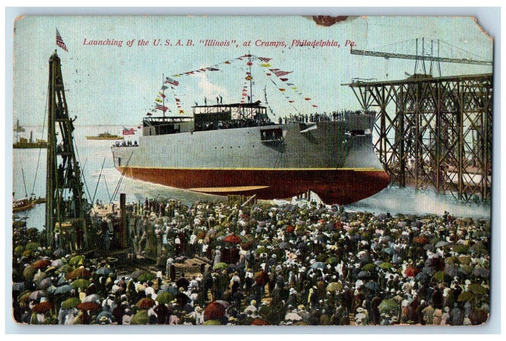 c1910's Launching Of The USAB Illinois At Cramps Philadelphia PA Postcard