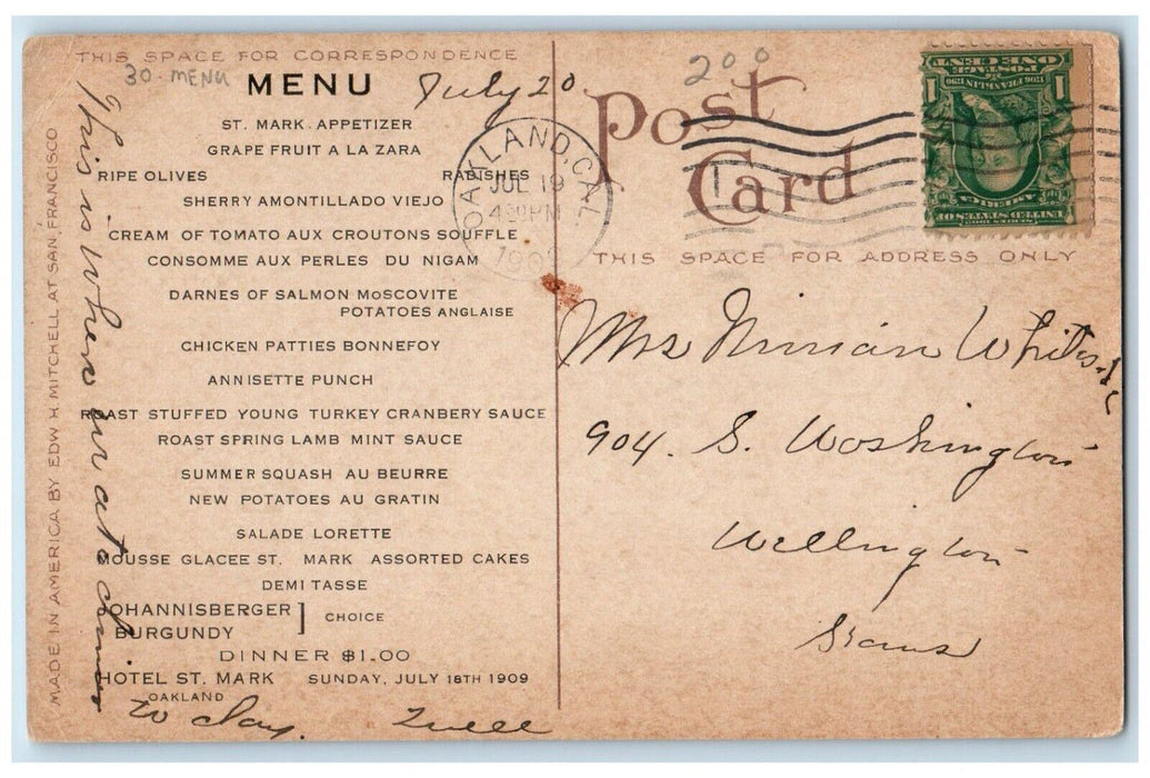 1909 Hotel St. Mark Twelfth & Franklin Streets Menu Oakland CA Antique Postcard