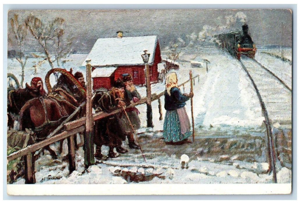 Russia Boskin At Closed Gate Railroad Train Winter Unposted Antique Postcard