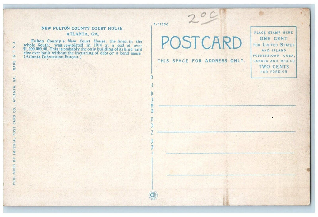 c1920's New Fulton County Court House Atlanta Georgia GA Unposted Postcard