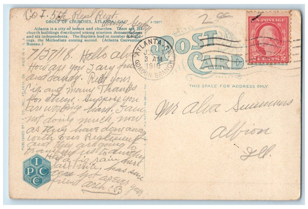 1918 Group of Churches Atlanta Georgia GA Antique Posted Multiview Postcard