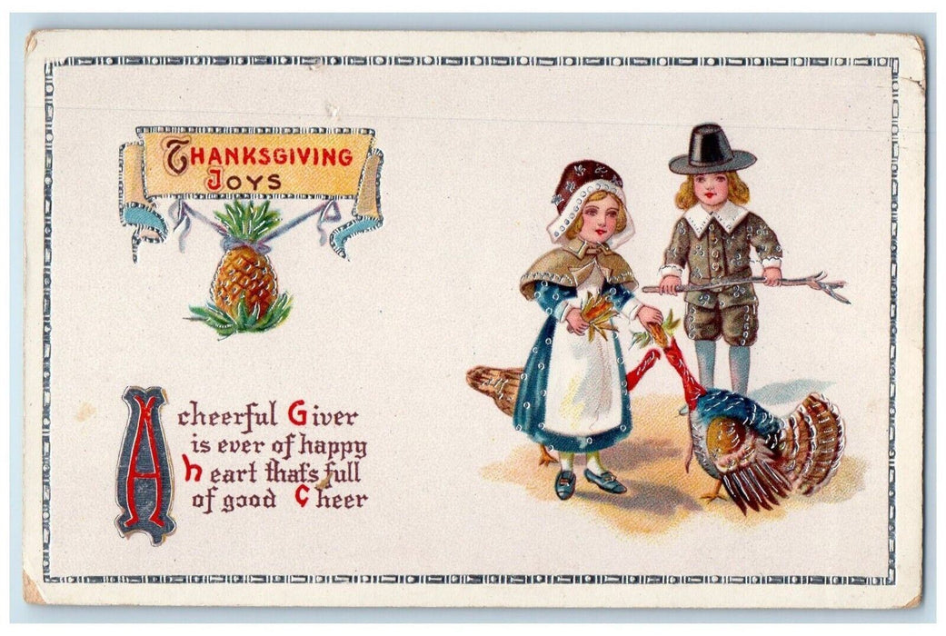 1914 Thanksgiving Pineapple Children Feeding Turkey Gel Silver Gilt Postcard