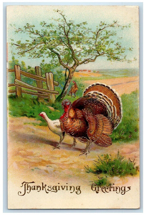 1910 Thanksgiving Greetings Turkey Embossed Gel Gold Girl Antique Postcard