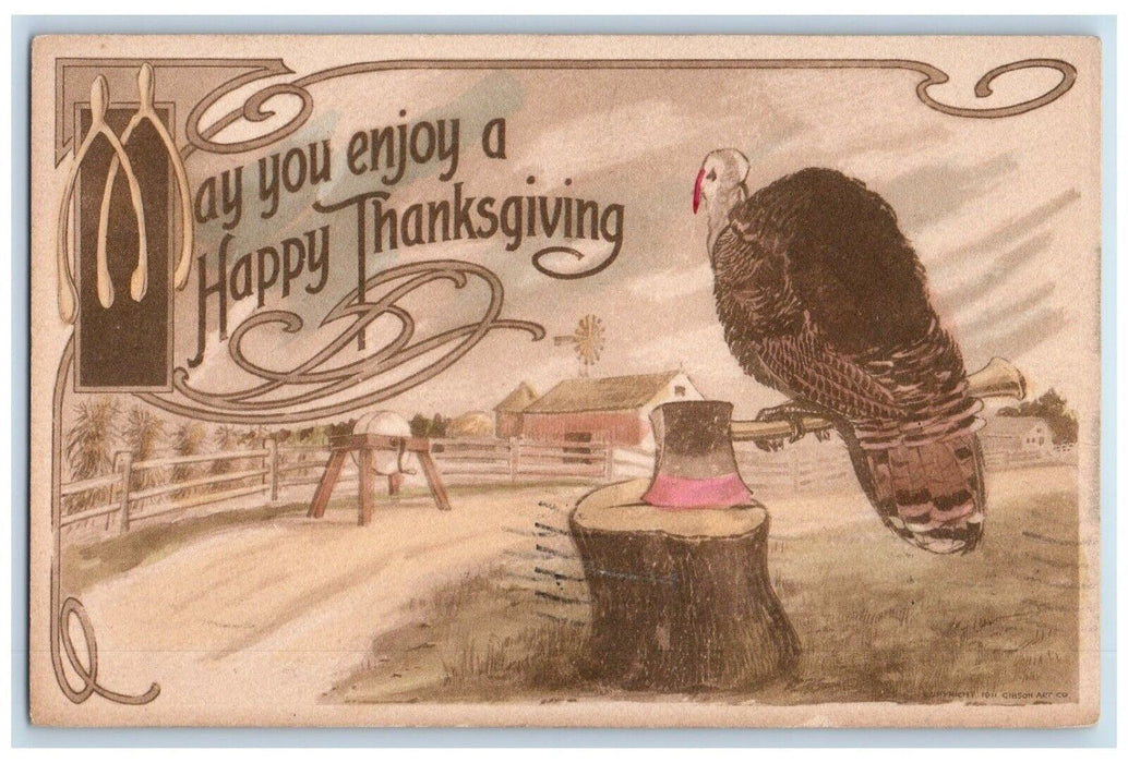 1912 Happy Thanksgiving Turkey Wishbone Arts Crafts Vulture Gibson Postcard