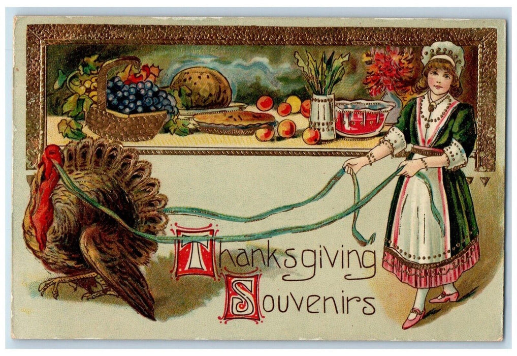 1911 Thanksgiving Souvenirs Woman Turkey Fruits Embossed Gel Gold Gilt Postcard