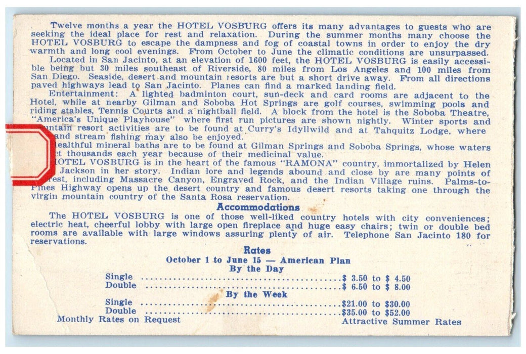c1940 City Hotel In The Country Vosburg Accommodation Rates California Postcard