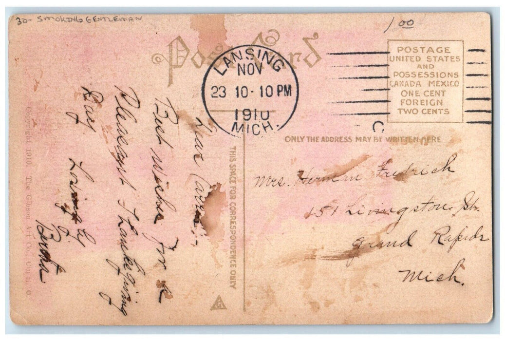 1910 Thanksgiving Anthropomorphic Turkey Smoking Gentleman Lansing MI Postcard