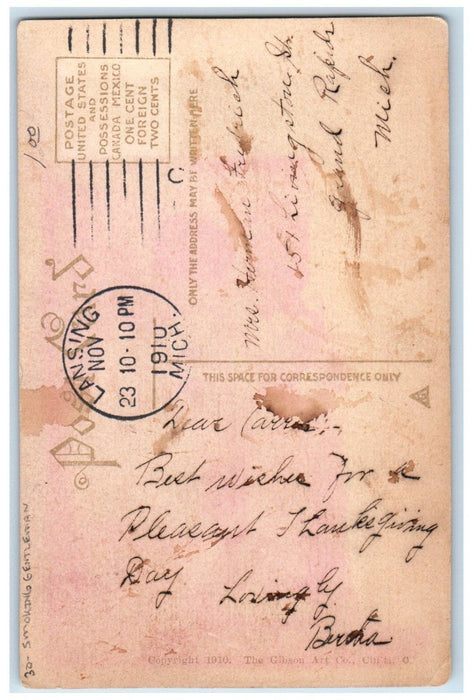 1910 Thanksgiving Anthropomorphic Turkey Smoking Gentleman Lansing MI Postcard