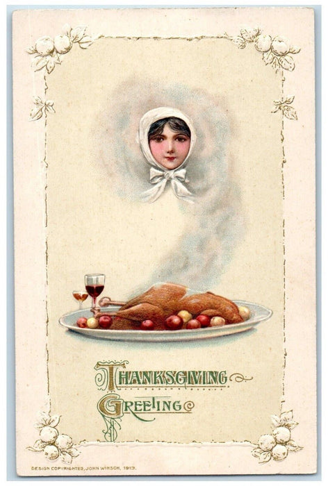 Thanksgiving Greeting Woman Turkey Champagne Glass John Winsch Embossed Postcard