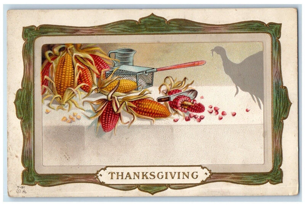 c1910's Thanksgiving Corn Turkey Shadow Embossed Unposted Antique Postcard