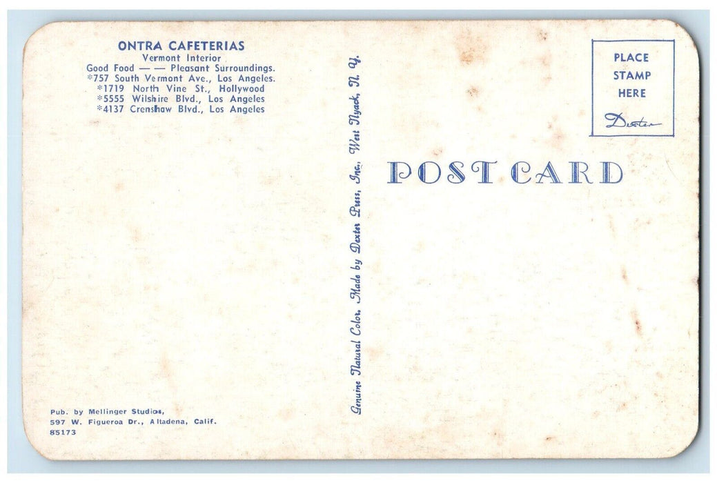 c1960 Ontra Cafeterias Vermont Interior South Vermin Hotel Los Angeles Postcard