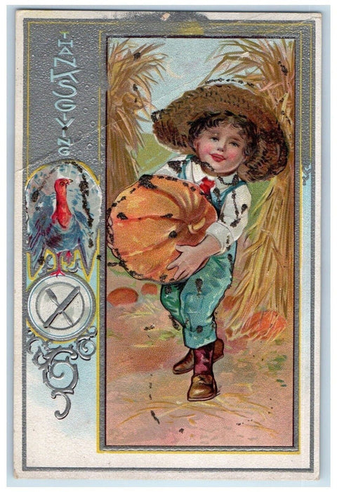 c1910's Thanksgiving Turkey Little Boy With Pumpkin Nash Embossed Postcard