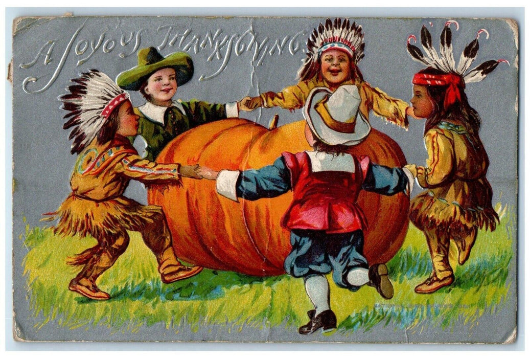 1910 Thanksgiving Indian Kids Playing Giant Pumpkin Embossed Oneida NY Postcard