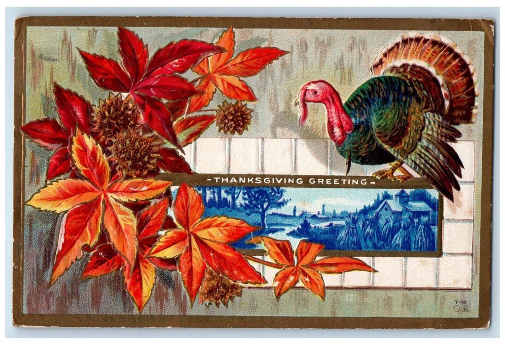 c1910's Thanksgiving Greeting Turkey Leaf Embossed Boston MA Antique Postcard