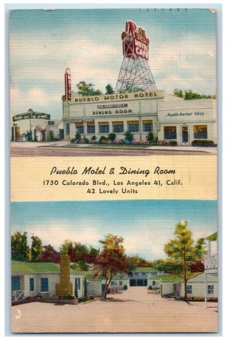 1953 Pueblo Motel Dining Room Colorado Blvd Los Angeles California CA Postcard