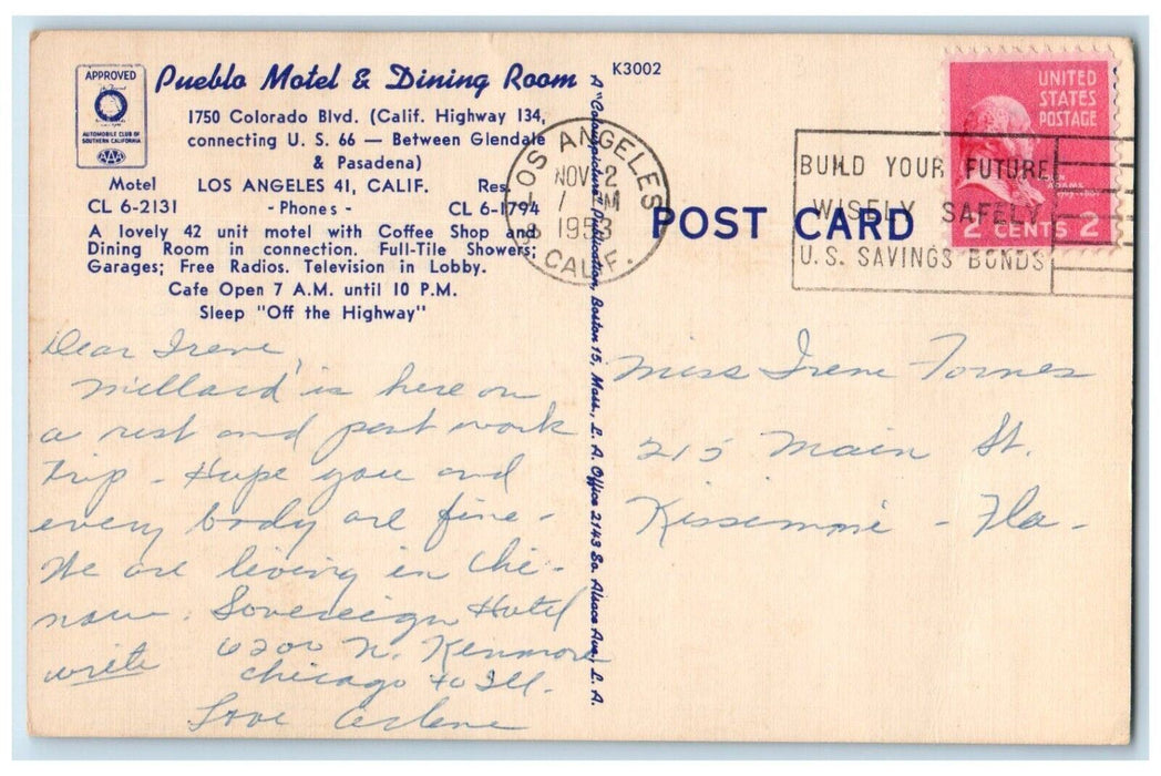 1953 Pueblo Motel Dining Room Colorado Blvd Los Angeles California CA Postcard