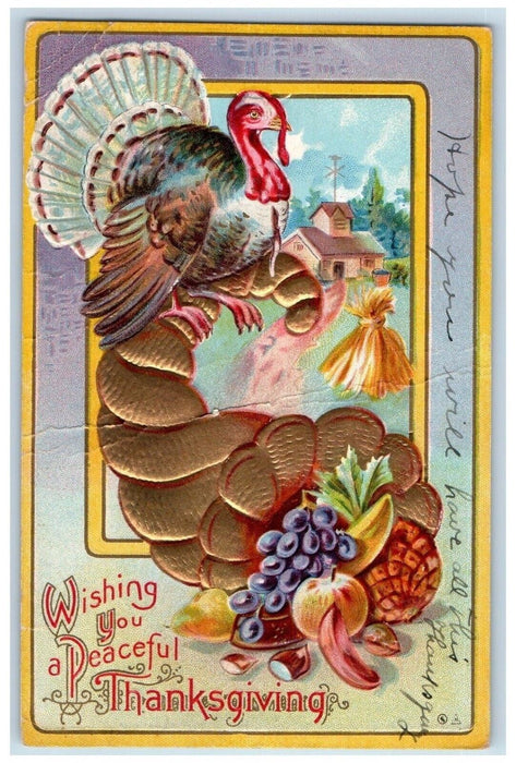 1911 Thanksgiving Turkey Cornucopia Fruits Wheat Bundle Nash Embossed Postcard