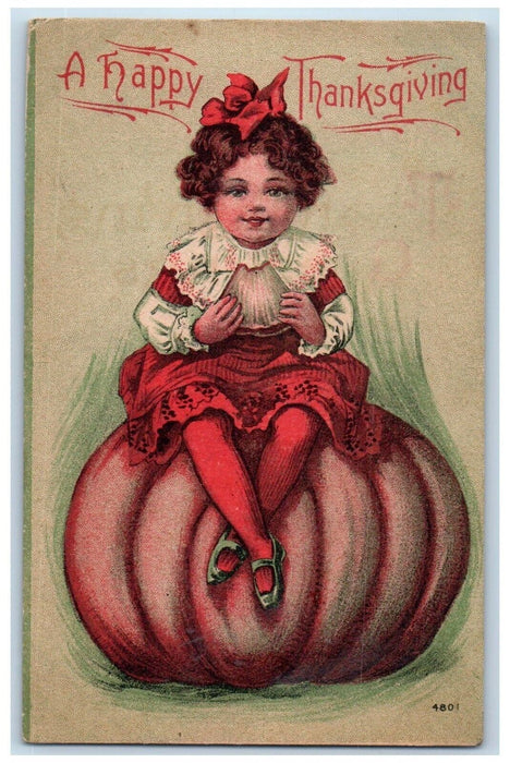 c1910's Thanksgiving Cute Little Girl Sat On Top Of Pumpkin Antique Postcard