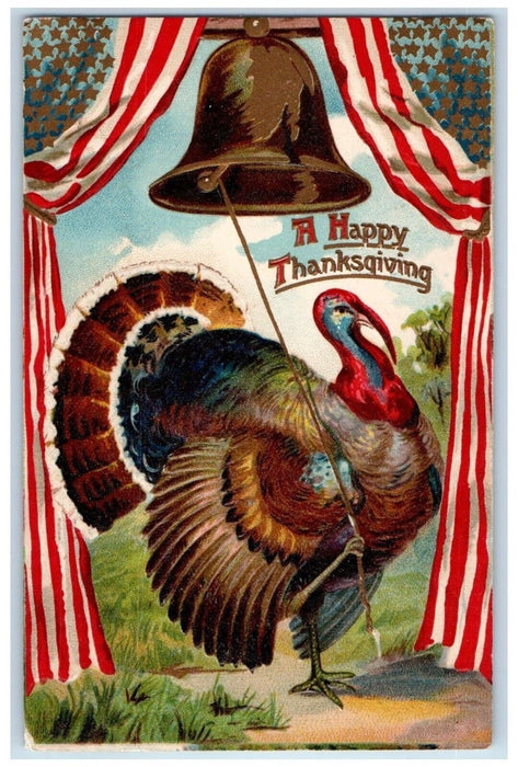 1909 Happy Thanksgiving Turkey Ringing Bell Embossed Jersey City NJ Postcard