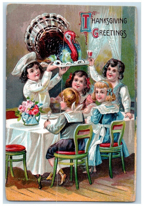 Thanksgiving Greetings Chef Served Turkey On Plate Champagne Glass Postcard