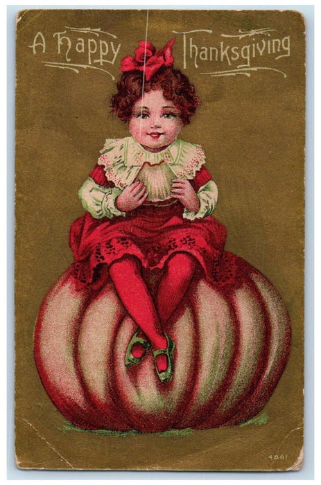 1911 Thanksgiving Pretty Little Girl Sat On Top Of Pumpkin Antique Postcard