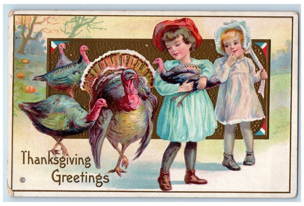 c1910's Thanksgiving Greetings Girl Carrying Turkey Embossed Antique Postcard
