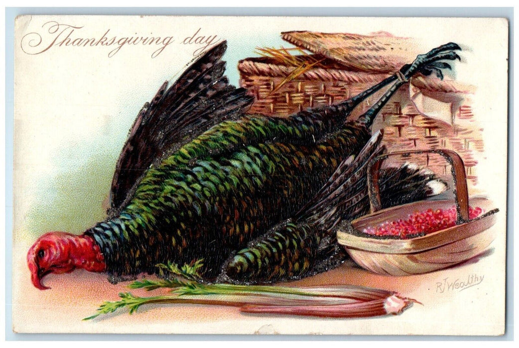 c1910's Thanksgiving Day Turkey Ready To Cook Wealthy Embossed Tuck's Postcard