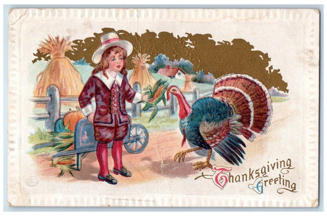 c1910's Thanksgiving Greeting Boy Feeding Turkey Embossed Cromwell IN Postcard