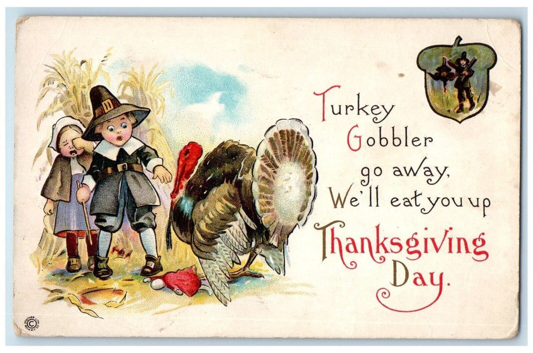 c1910's Thanksgiving Girl Crying Doll Gobbler Turkey Embossed Antique Postcard