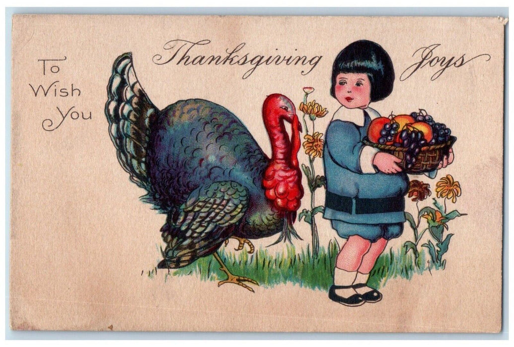 c1910's Thanksgiving Joys Turkey Little Girl With Fruits Basket Antique Postcard