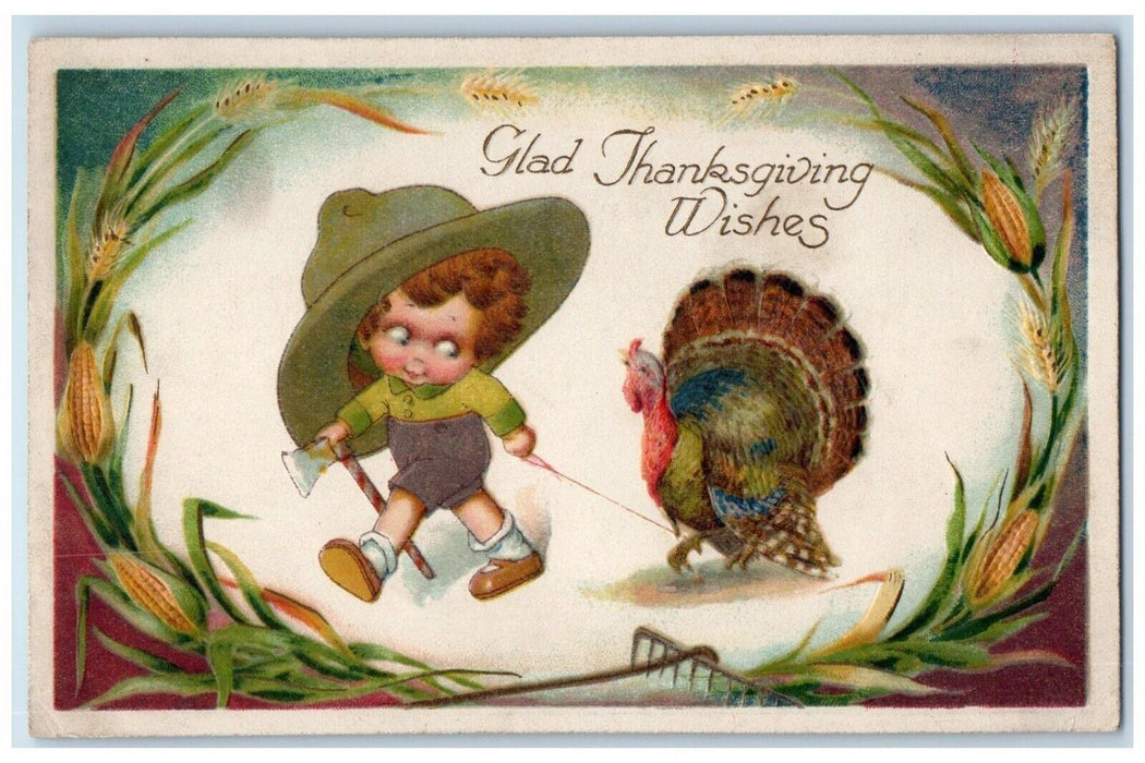 c1910's Thanksgiving Wishes Little Boy Cached Turkey Corn Wisnch Back Postcard