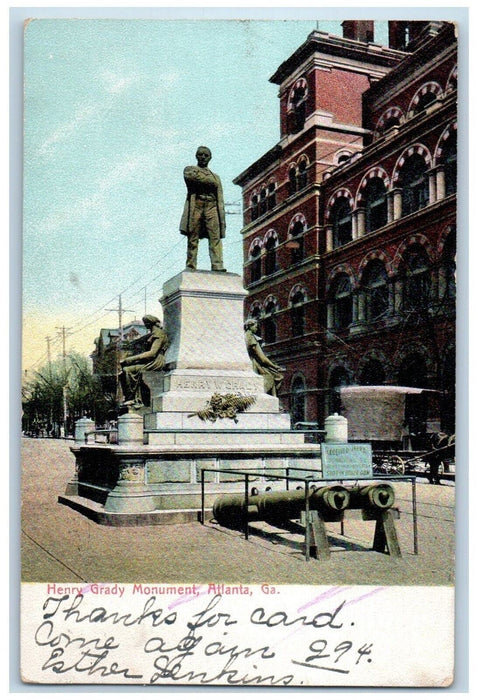 c1905 Henry Grady Monument Cannon Atlanta Georgia GA Posted Antique Postcard