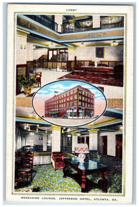 c1940's Interior Lobby Mezzanine Lounge, Jefferson Motel Atlanta GA Postcard
