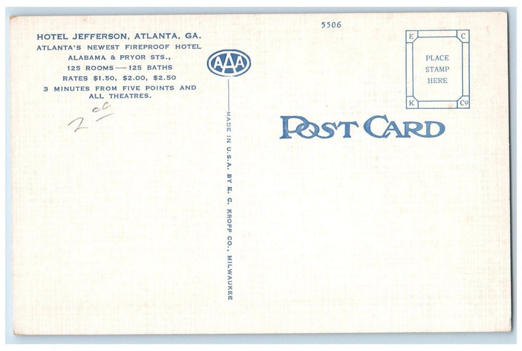 c1940's Interior Lobby Mezzanine Lounge, Jefferson Motel Atlanta GA Postcard