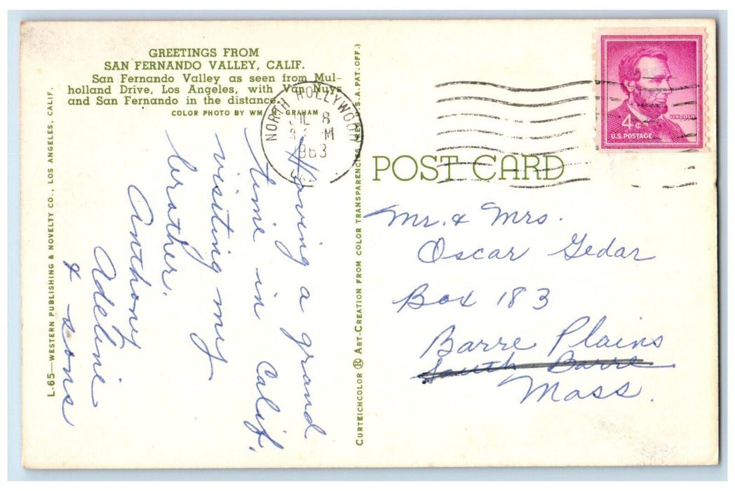 1963 Greetings From San Fernando Valley Holland Los Angeles California Postcard