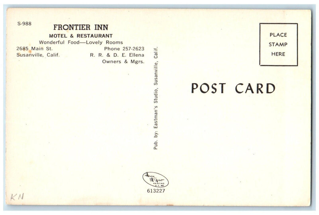 c1960 Frontier Inn Motel Restaurant Main St. Susanville California CA Postcard