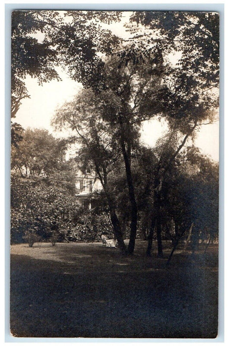 c1910's Woman Sitting In Garden Trees Residence NH RPPC Photo Unposted Postcard