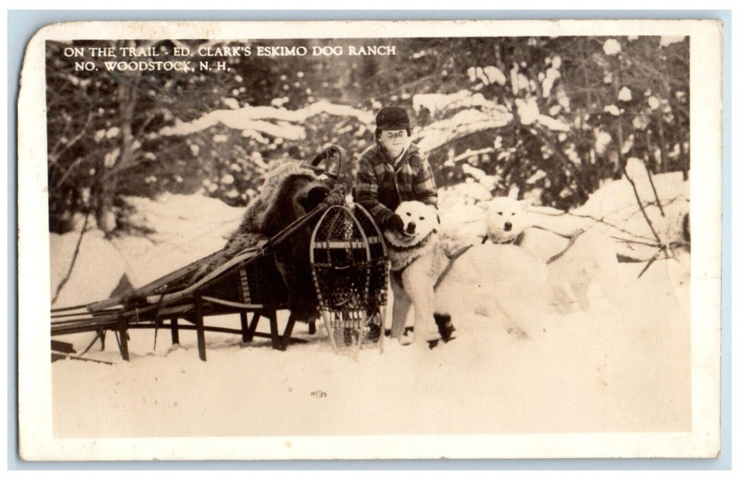 c1940's Boy Ed Clark's Eskimo Dog Ranch Woodstock NH RPPC Photo Postcard