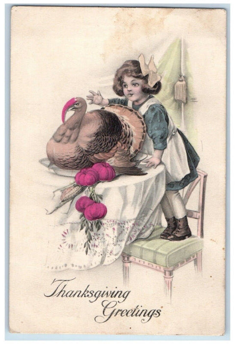 c1910's Thanksgiving Greetings Girl Turkey On Plate Corn Posted Antique Postcard