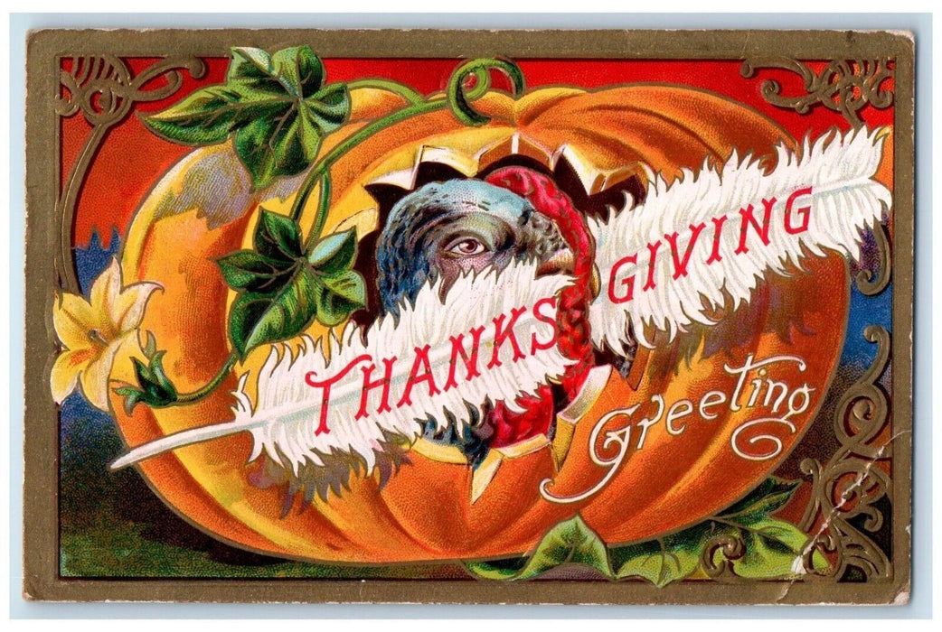 1908 Thanksgiving Greetings Turkey In Giant Pumpkin Embossed Detroit MI Postcard