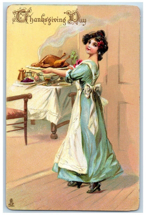 1910's Thanksgiving Day Pretty Woman Serving Turkey Tuck's Antique Postcard