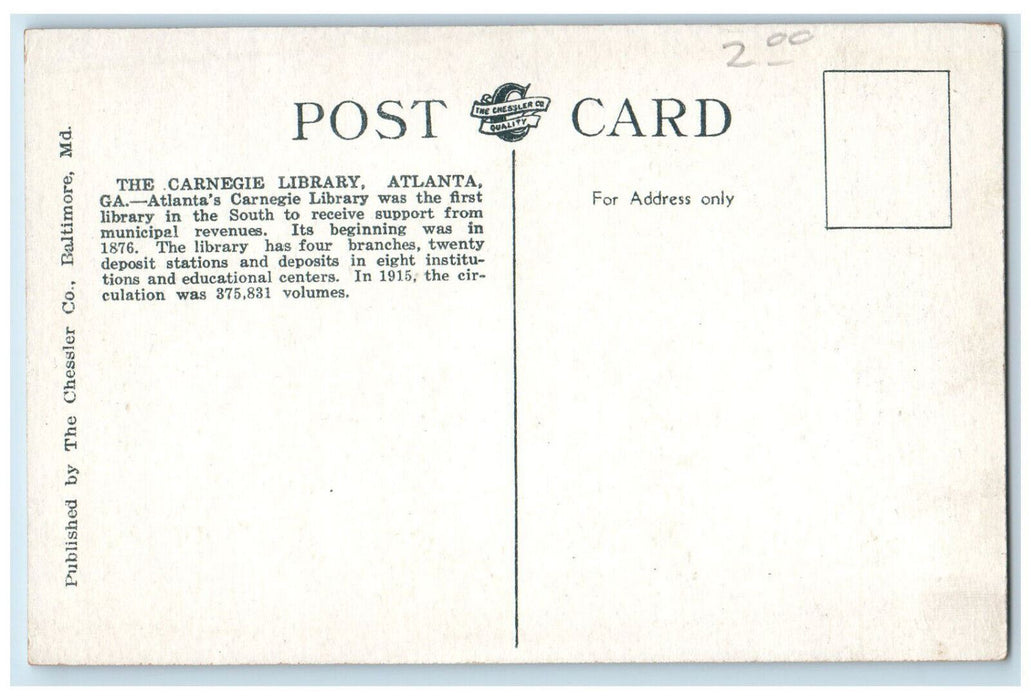 c1920's Carnegie Library Cars Passing Atlanta Georgia GA Antique Postcard