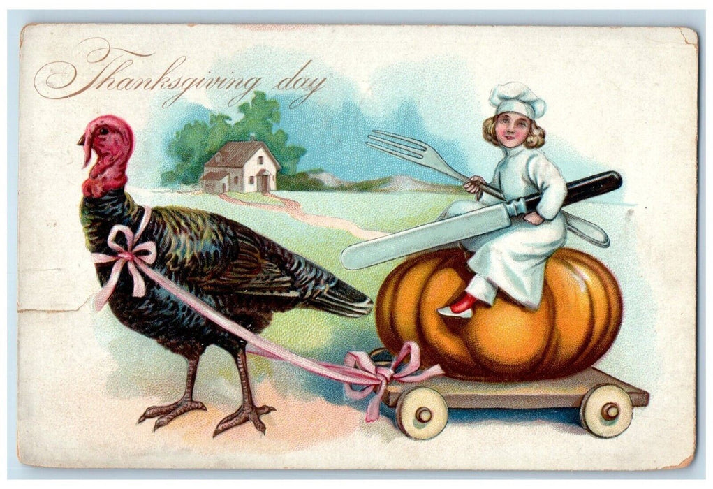 Thanksgiving Day Turkey Pulling Wagon Chef Girl On Top Of Pumpkin Tucks Postcard