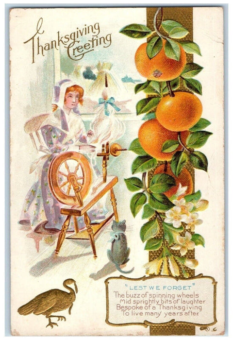 Thanksgiving Greeting Woman Buzz Spinning Wheels Turkey Embossed Posted Postcard