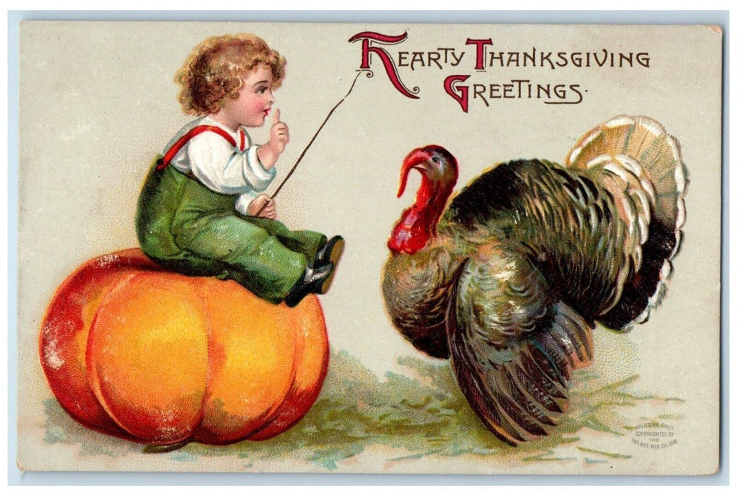 Thanksgiving Greetings Little Boy Sat On Pumpkin Turkey Clapsaddle Postcard