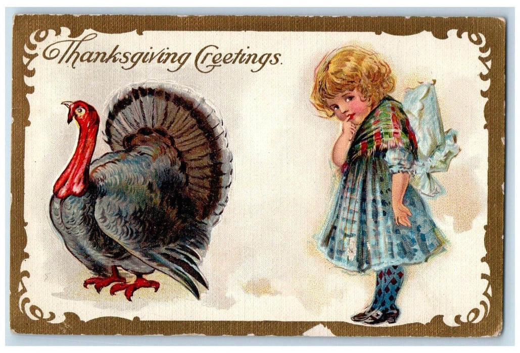 1909 Thanksgiving Greetings Cute Girl Turkey Embossed Nash Antique Postcard