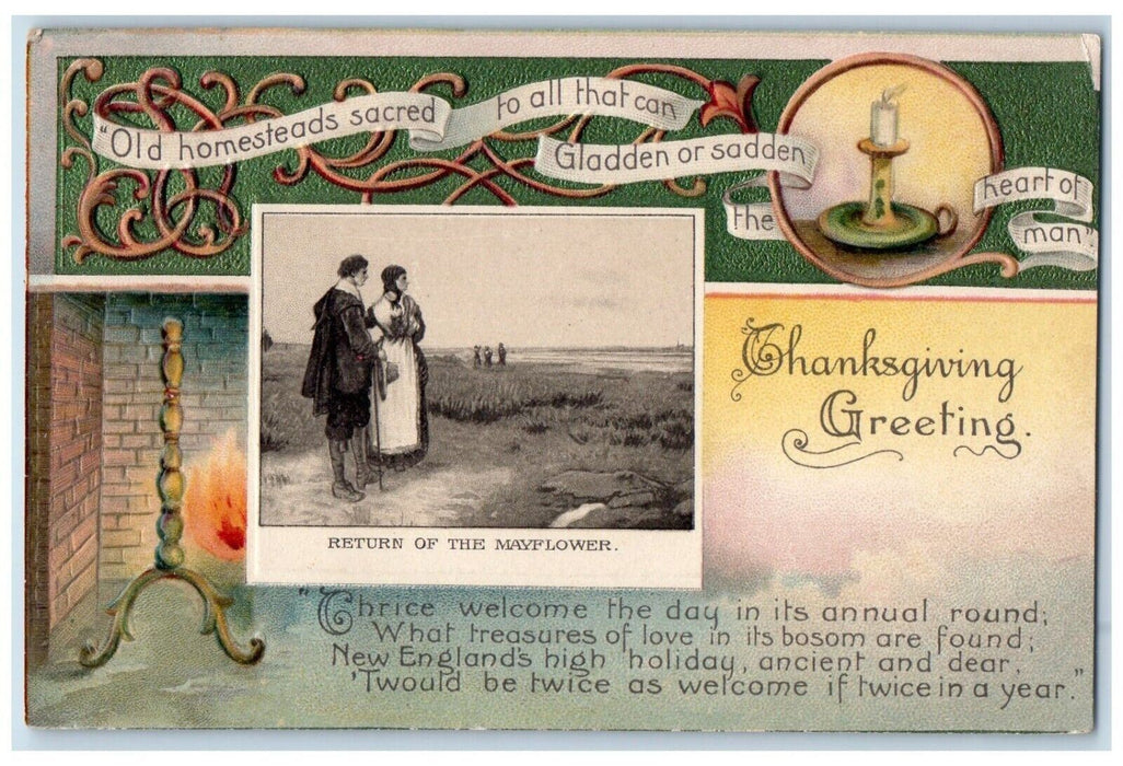 1909 Thanksgiving Greetings Return Of The Mayflower Candle Winsch Back Postcard